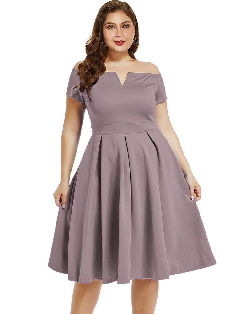 LALAGEN Women's Plus Size Vintage 1950s Party Cocktail Wedding Swing Midi Dress Gray Purple XL - Image 1